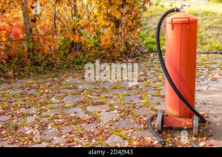 Une bouteille de gaz liquéfié se tient contre un fond de feuilles jaunes Banque D'Images