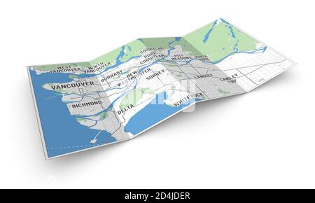 Carte 3d du Grand Vancouver et des municipalités, C.-B., Canada. Vue en perspective d'une brochure ou d'une brochure en 4 plis avec une carte moderne de Vancouver. Banque D'Images