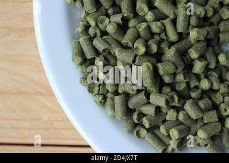 Vue de haut en bas des pastilles de houblon comprimées sur une plaque blanche, mise au point sélective. Ingrédient de brassage de la bière avec l'espace de copie à gauche. Banque D'Images