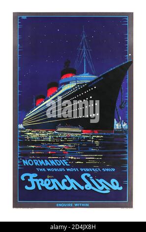 Affiche publicitaire sur les paquebots de croisière Ocean Liner de la ligne française des années 1930 Par artiste Hubert Herkomer NORMANDIE ligne française 1939 ' le navire le plus parfait au monde ‘ Banque D'Images