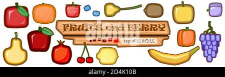 Ensemble de fruits et de baies. Vecteur. Fruits carrés de dessin animé : pommes, orange, fraises, poires, prunes, grenades, cerises, raisins, citron, bananes. Banque D'Images