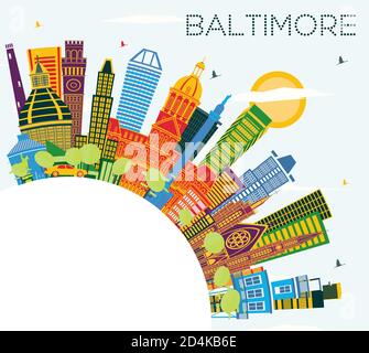 Baltimore États-Unis Maryland City Skyline avec des bâtiments couleur, ciel bleu et espace de copie. Illustration vectorielle. Voyages d'affaires et tourisme. Illustration de Vecteur
