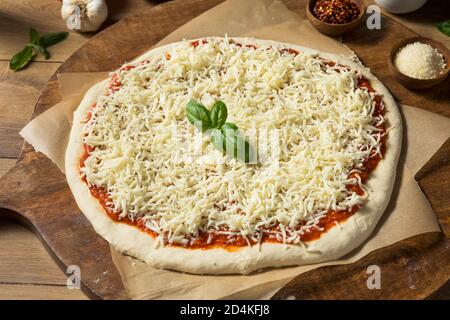 Préparation de pizza au fromage maison non cuite avec sauce et pâte Banque D'Images