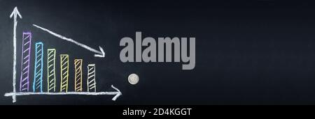 Financement de l'entreprise graphique. La baisse ligne graphique dessiné à la craie sur tableau noir, ruble automne Banque D'Images