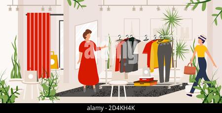 Magasin de vêtements de mode. Illustration vectorielle. Boutique ou boutique avec le tissu pour femme. Intérieur moderne. Le vendeur en robe rouge invite l'acheteur à essayer Illustration de Vecteur