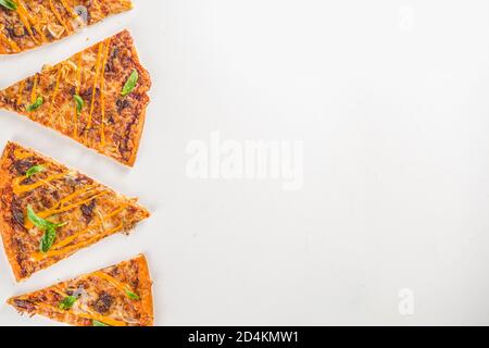 Différentes tranches de pizza traditionnelles italiennes américaines. Tranches de pizza délicieuses sur fond clair, plat avec vue de dessus Banque D'Images