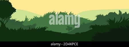 Silhouette de prairie à feuilles caduques. Vecteur. Paysage d'été avec herbe. Vue panoramique. Vert pittoresque. Illustration de l'usine. Banque D'Images