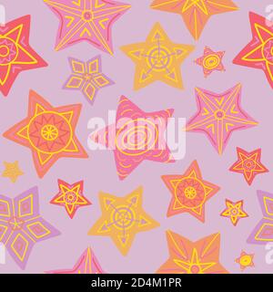 Motif sans couture avec étoiles colorées sur fond lilas clair. Pour Noël, le nouvel an et d'autres célébrations. Banque D'Images