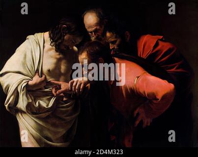 Caravaggio, doutant Thomas. L'incrédulité de Saint Thomas par Michel-Ange Merisi da Caravaggio (1571-1610), huile sur toile, 1601/2 Banque D'Images