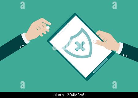 Protection du patient. Signature du rapport médical. Presse-papiers et bouclier avec une croix comme un symbole d'assurance. Illustration de Vecteur
