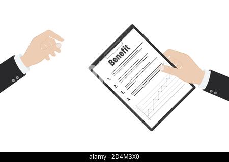 Concept d'avantage. Man tient un presse-papiers et écrit. Stylo à la main. Modèle de texte. Illustration de Vecteur