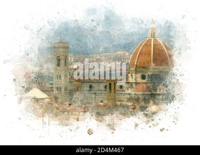 Cathédrale de Santa Maria del Fiore à Florence par aquarelle, illustration Banque D'Images