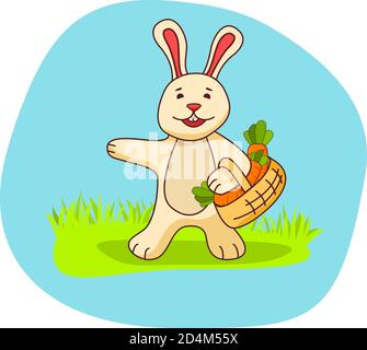 Joli lapin avec un panier dans lequel la carotte.Flat illustration vecteur. Illustration de Vecteur