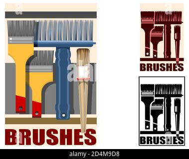 Logo, image symbolique d'un ensemble de formes. Les brosses sont l'art et la peinture. Différents types de brosses pour le fond et la décoration. L'image symbolique. Banque D'Images