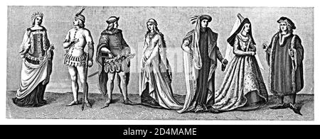 Illustration antique des costumes d'Europe occidentale. De gauche à droite: 1,2 - costumes élégants du XIV siècle; 3,4 - costumes du XV siècle; 5 - Ph Banque D'Images