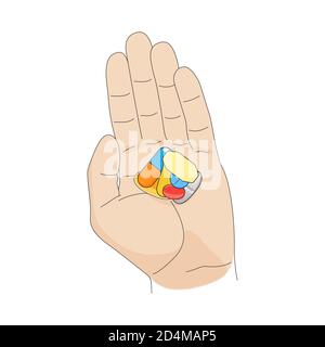 Pilules, capsules, comprimés en main, soins de santé, illustration vectorielle. Illustration de Vecteur