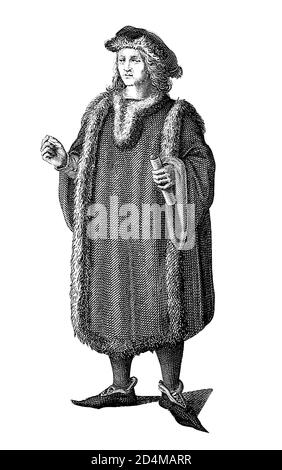 Illustration antique du costume allemand du XV siècle. De gauche à droite: 1,2 - costumes élégants du XIVe siècle; 3,4 - costumes du XVe siècle; 5 Banque D'Images