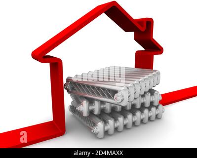 Économies sur le chauffage de la maison. Des sections empilées de radiateurs de chauffage en fonte et une maison symbolique rouge sur une surface blanche. Illustration 3D Banque D'Images