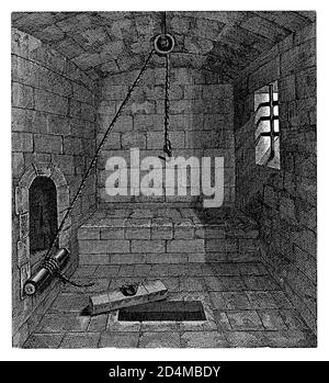 Illustration antique de la chambre de torture du XIV siècle. Publié dans Systematischer Bilder-Atlas zum conversations-Lexikon, Ikonographische Encyklop Banque D'Images