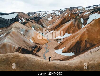 Landmannalaugar, montagnes arc-en-ciel depuis la vue sur les oiseaux. Photographie de drone dans les Highlands d'Islande. Tourisme en Islande Banque D'Images