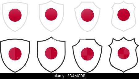 Drapeau japonais vertical en forme de bouclier, quatre versions 3d et simples. Icône / signe Japon Illustration de Vecteur