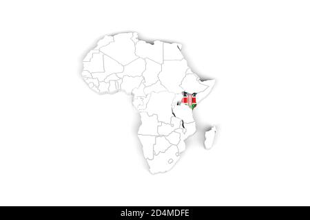 Afrique carte 3d avec frontières marquées - zone Kenya marquée Avec drapeau du Kenya - isolé sur fond blanc - 3D Illustration Banque D'Images