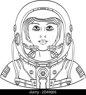 Illustration de style tatouage du buste d'une astronaute femelle portant un casque d'espace et d'une combinaison d'espace vue de l'avant réalisée en noir et blanc. Illustration de Vecteur