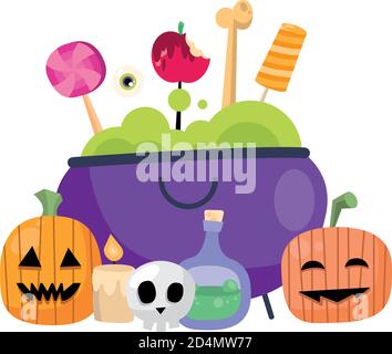 halloween Pumpkins dessins animés et bonbons dans le décor de sorcière, Happy Holiday et thème effrayant illustration vectorielle Illustration de Vecteur