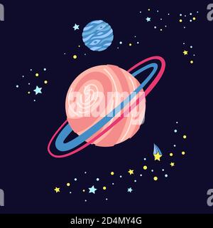 Illustration de dessin animé planète. Carte colorée bande dessinée planète abstraite dans fond sombre. Observatoire astronomique. Mercure vénus terre jupiter saturne neptun. Espace de galaxie d'astronomie. Illustration vectorielle Illustration de Vecteur