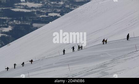 Une ligne de snowboardeurs marchent jusqu'au sommet d'une montagne, Niseko, Hokkaido, Japon Banque D'Images