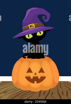 halloween citrouille visage avec chat noir portant chapeau de sorcière vecteur conception de l'illustration Illustration de Vecteur