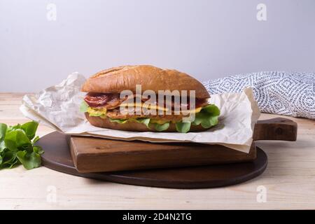 Cheeseburger frais savoureux sur un bois Banque D'Images