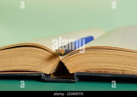 Le stylo plume est couché sur le livre ouvert. Gros plan. Macro Banque D'Images