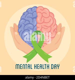 Le texte de la Journée de la santé mentale avec les mains soulevant le cerveau et le ruban conception d'illustration de vecteur de campagne Illustration de Vecteur