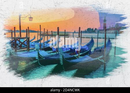 Peinture aquarelle des gondoles battantes à Venise au lever du soleil, en Italie Banque D'Images