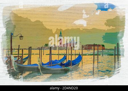 Gondoles balançantes sur le Grand canal à Venise, Italie, aquarelle Banque D'Images