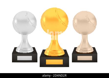 Ensemble de trophées de tennis primés, coupes en bronze argenté doré sur des supports avec assiettes vides Illustration de Vecteur