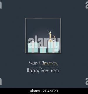 Nuit magique de Noël. Boîtes-cadeaux bleu turquoise, bougie allumée sur fond bleu foncé dans l'illustration 3D. Texte doré joyeux Noël bonne année Banque D'Images