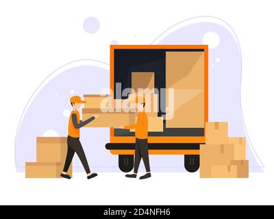 Fourgonnette de livraison rapide. Le service de messagerie assure la livraison gratuite de marchandises ou de colis postaux à l'adresse. Homme avec des boîtes en carton. Illustration vectorielle en état déplié Illustration de Vecteur