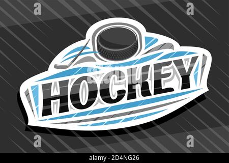 Logo Vector pour Ice Hockey Sport, emblème moderne avec illustration du ballon volant dans le but et le bâton, lettrage unique pour le hockey de mot noir, SIG sportif Illustration de Vecteur