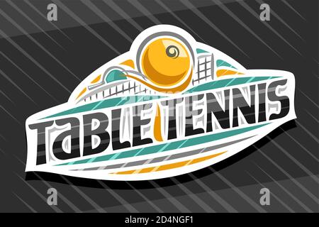 Logo Vector pour tennis de table, emblème blanc moderne avec illustration du ballon volant dans le but, lettrage unique pour les mots noirs tennis de table, signe sportif Illustration de Vecteur