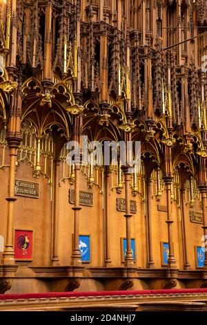 Royaume-Uni, Angleterre, Yorkshire, York Minster, Quire, stands de chœur en bois Banque D'Images