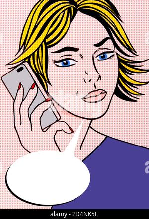 Pop Art Illustration de la jeune femme avec téléphone mobile et Bulle d'expression vide Banque D'Images