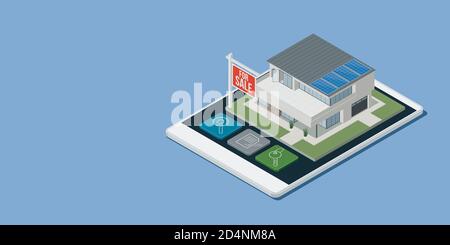 Application immobilière et d'architecture avec maison isométrique à économie d'énergie sur un écran tactile de smartphone, illustration 3D Banque D'Images