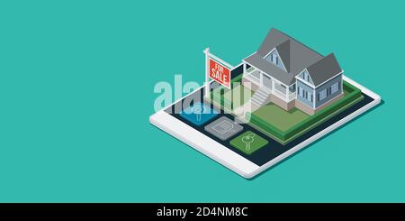 Application immobilière et d'architecture avec maison isométrique sur écran tactile pour smartphone, illustration 3D Banque D'Images
