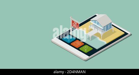 Application immobilière et architecturale avec maison de plage isométrique sur un écran tactile pour smartphone, illustration 3D Banque D'Images