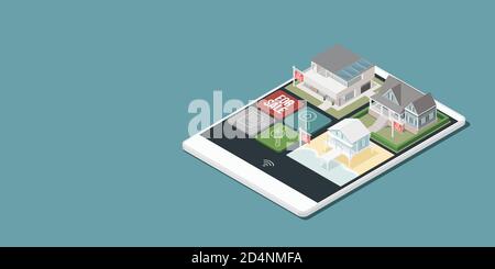 Application immobilière et d'architecture avec différentes maisons isométriques sur un écran tactile pour smartphone, illustration 3D Banque D'Images