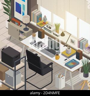 Intérieur de bureau contemporain avec ordinateur, bureau et décorations modernes, illustration 3D isométrique Banque D'Images