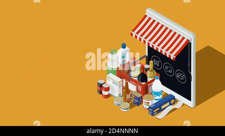 Application mobile de supermarché en ligne et assortiment d'articles d'épicerie, concept d'épicerie en ligne, illustration 3D isométrique Banque D'Images