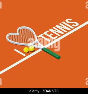 J'adore le tennis : l'illustration 3D de la raquette et des balles en forme de coeur Banque D'Images